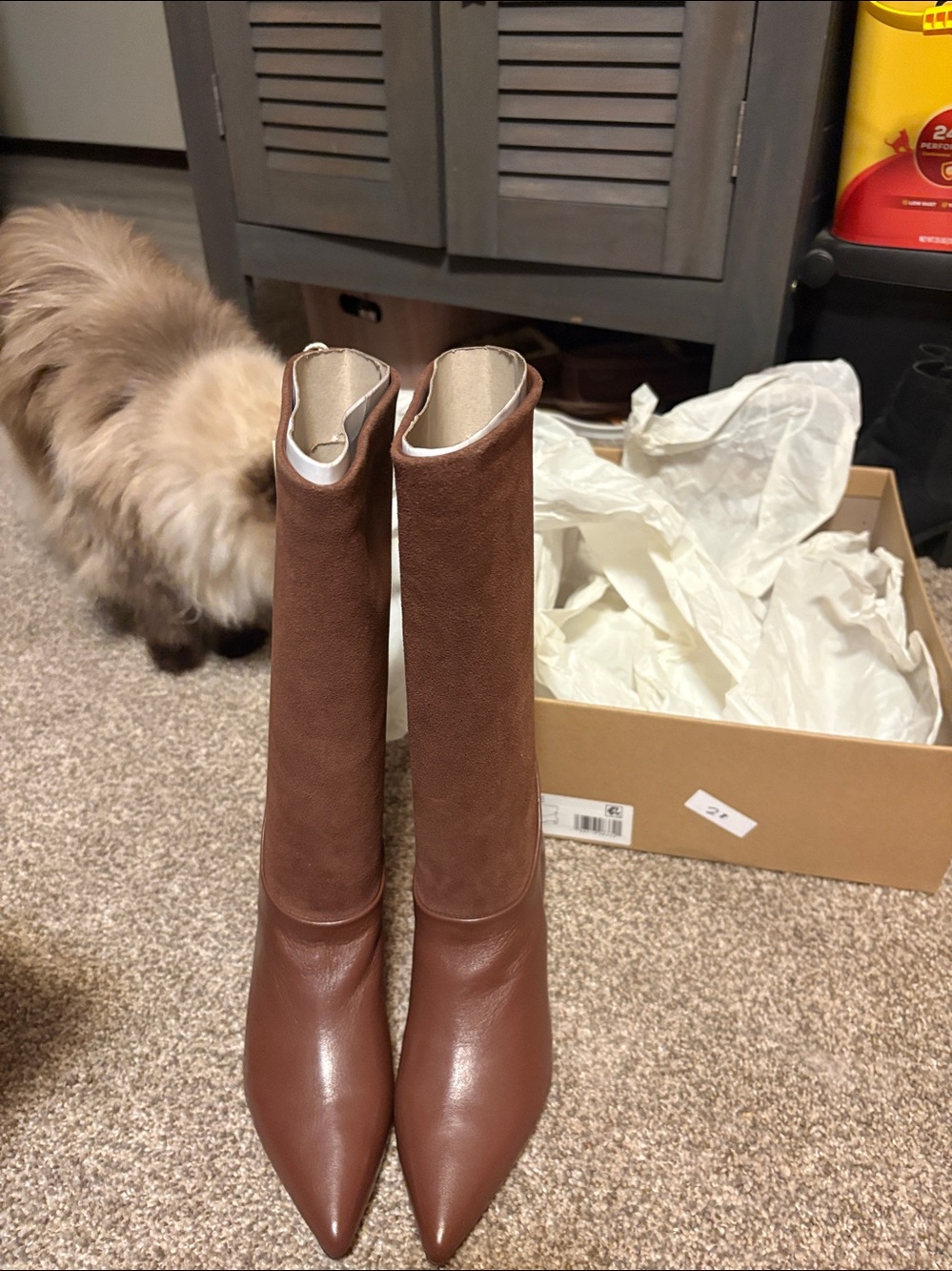 Sanctuary Brown Pointed-Toe Mid-Calf Heeled Boots stylish 5.5 size. Leather.